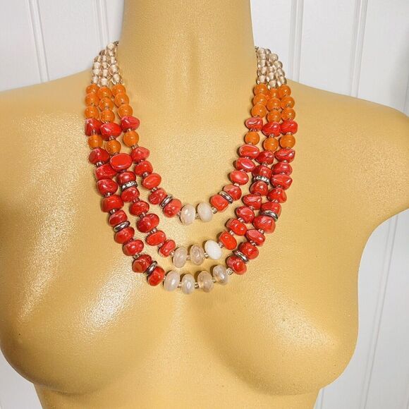 Sparkling Vintage Necklace 3 Strand Organic Form Glass Resin Beads Colorful 4112 - Picture 6 of 8